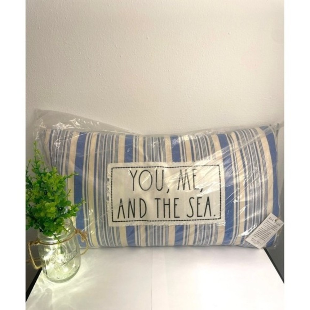 RAE DUNN Pillow YOU, ME, AND THE SEA Blue Striped Beach/Ocean 14x24 *NWT*